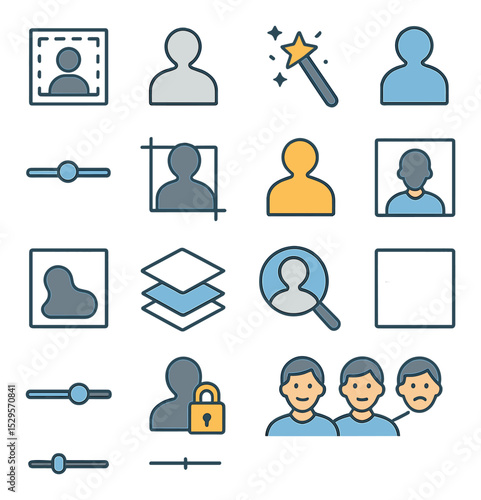 Cutout and subject tools isometric set. background remover tool, subject cutout shape, auto mask icon, magic wand selection, outline glow subject, feather