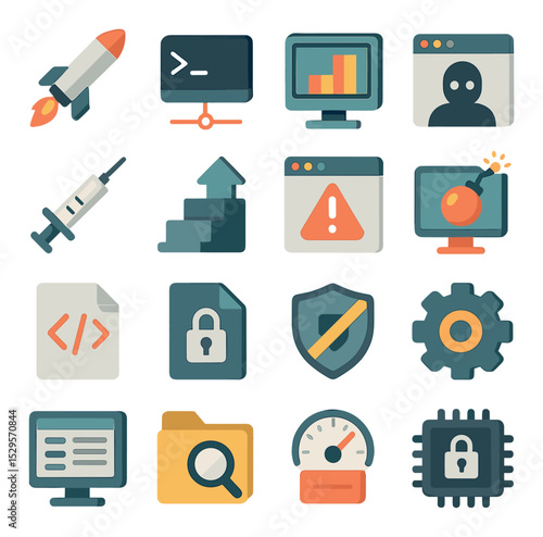 Exploitation and payload tools isometric set. exploit payload launcher, reverse shell tunnel, buffer overflow monitor, remote access trojan panel.