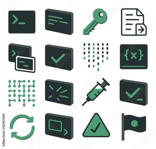 Hacker terminal visuals isometric set. command line code block, green text console, shell access key, login bypass log, root command overlay, access