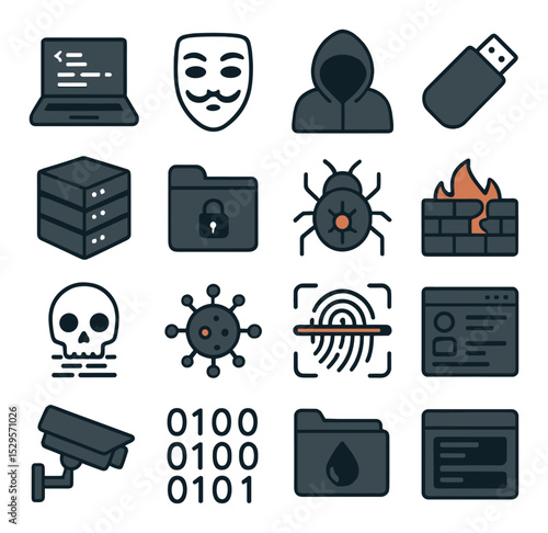 Dark web hacking tools isometric set. laptop with code, anonymous mask, hooded figure, USB stick, dark server rack, encrypted folder, bug icon, firewall