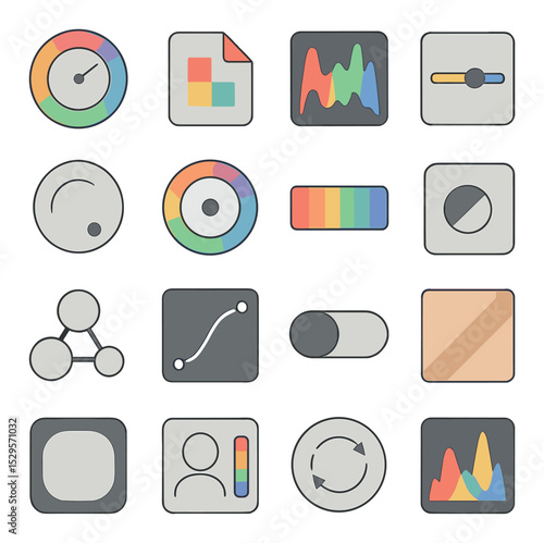Color grading panel isometric set. color wheel dial, LUT loader icon, RGB parade scope, brightness slider, contrast knob, hue shift ring, saturation level
