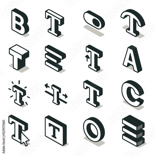 Text and typography tools isometric set. bold title icon, outlined headline text, drop shadow toggle, curved text arc, 3D letter block, text alignment grid