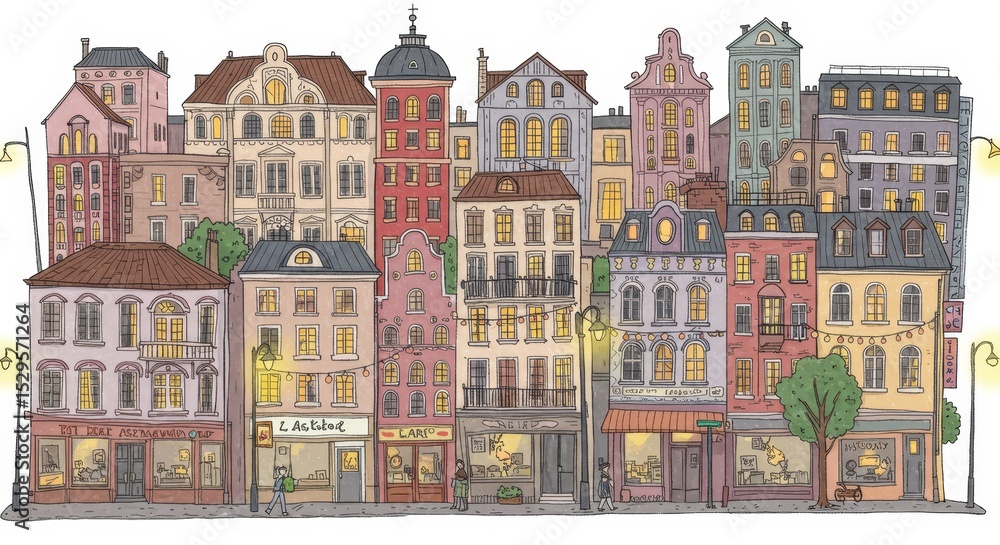 Fototapeta premium Night Cityscape: Illuminated Buildings and Streetlights - Charming cartoon illustration of a night city street scene, featuring illuminated buildings, streetlights