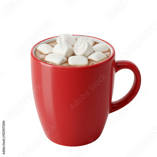 Red mug of hot cocoa with marshmallows isolated on transparent background