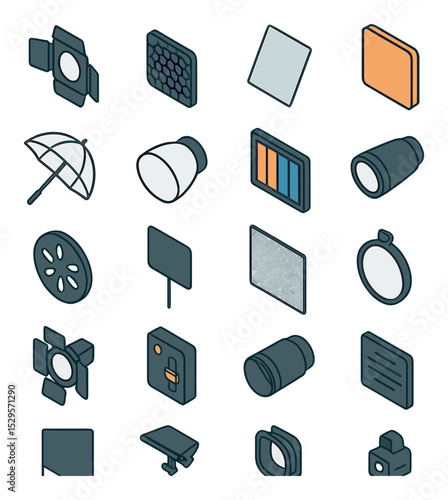 Lighting modifiers and tools isometric set. barn door flags, honeycomb grid filter, diffusion gel sheet, CTO gel square, bounce umbrella, soft light dome.
