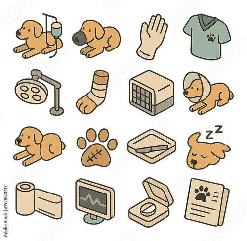 Surgery and treatment isometric set. dog with IV drip, anesthesia mask, surgical glove hand, vet scrubs with paw patch, operating light, paw in cast.
