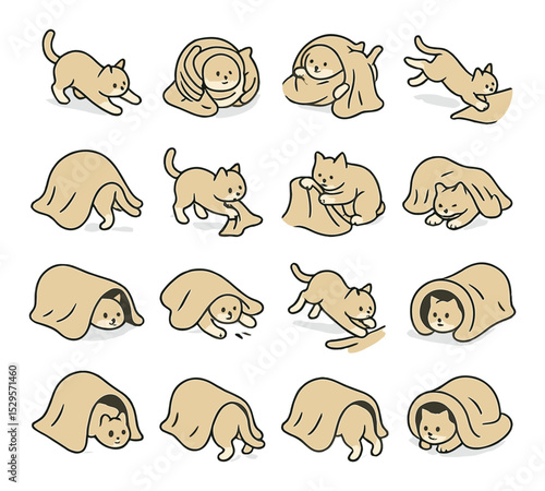 Blanket interaction moments isometric set. cat burrowing into blanket, cat being wrapped by human hands, cat pawing at blanket edge, cat jumping into fold.