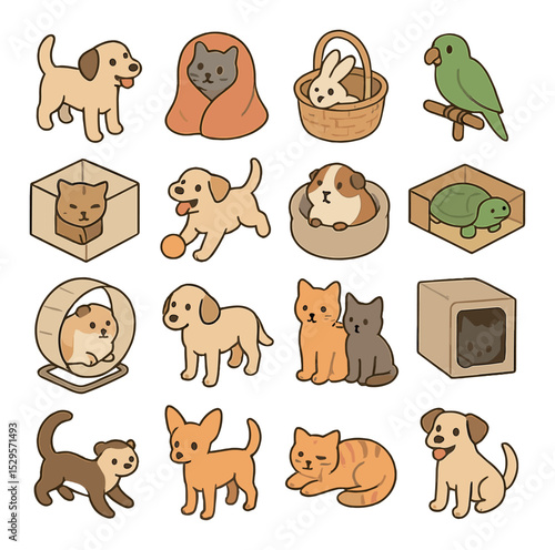 Adoptable pets isometric set. happy dog with wagging tail, curious cat in blanket, rabbit peeking from basket, parrot on perch, sleepy kitten in box.