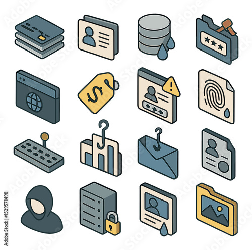Illegal data trade isometric set. credit card bundle, identity file, leaked database, credentials folder, dark web bid, data price tag, breached login