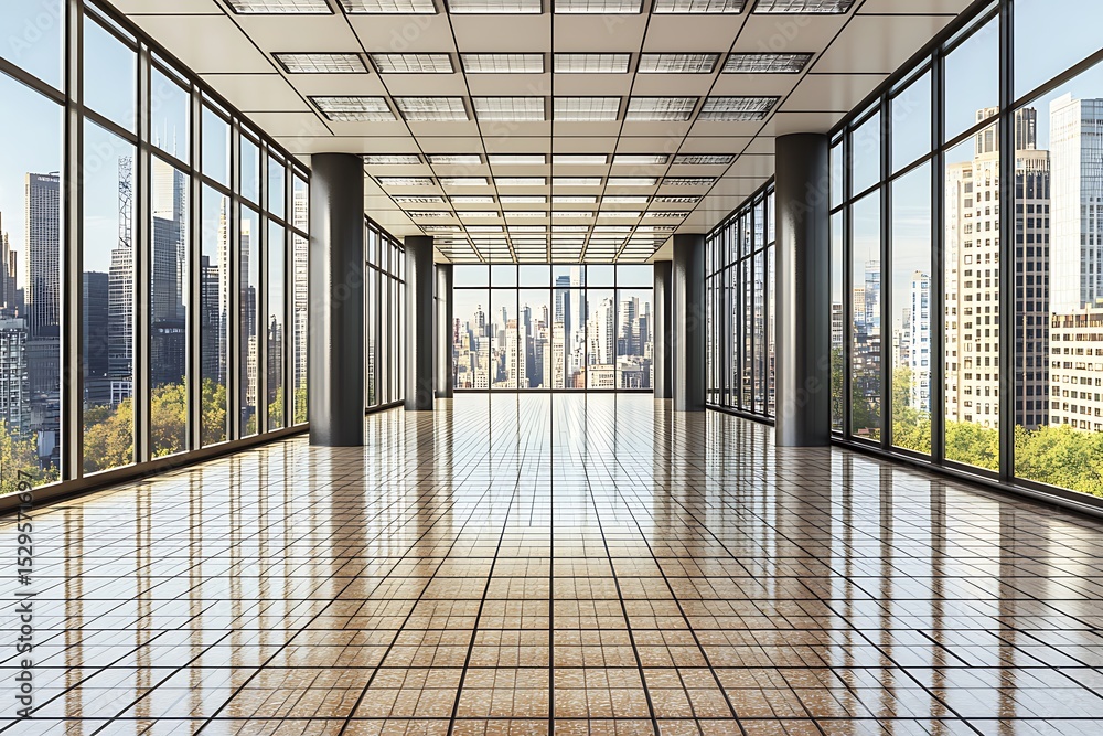 Spacious office interior showcasing expansive city views and modern design Spacious office interior showcasing expansive city views and modern design