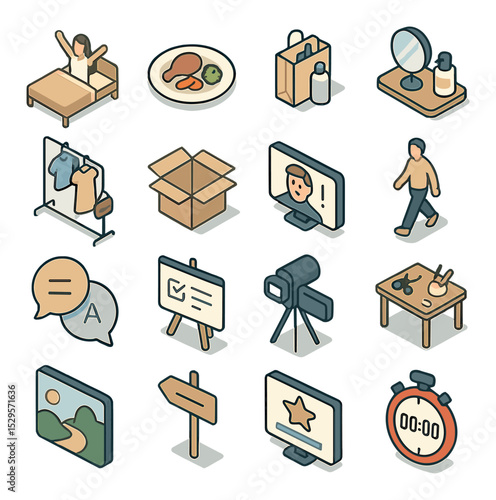 Vlog content types isometric set. morning routine scene, meal prep plate, shopping haul display, skincare routine tray, outfit of the day rack, unboxing