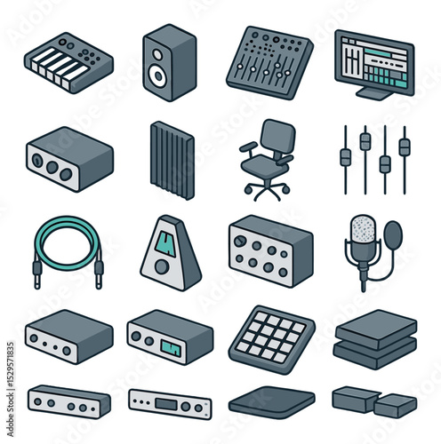 Music production studio isometric set. MIDI keyboard, studio monitor speaker, mixing console, DAW interface screen, audio interface unit, sound absorption