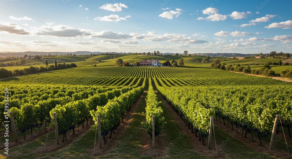 Fototapeta premium Sunny Vineyard Landscape and Farmhouse - Picturesque vineyard rows stretching towards a charming farmhouse under a vibrant sunny sky. Symbolizing: growth, harvest, abundance, tranquility