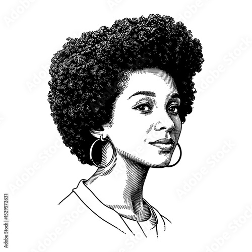 Beautiful Woman with Voluminous Afro Hairstyle and Hoop Earrings Black and White Outline Line Art Drawing