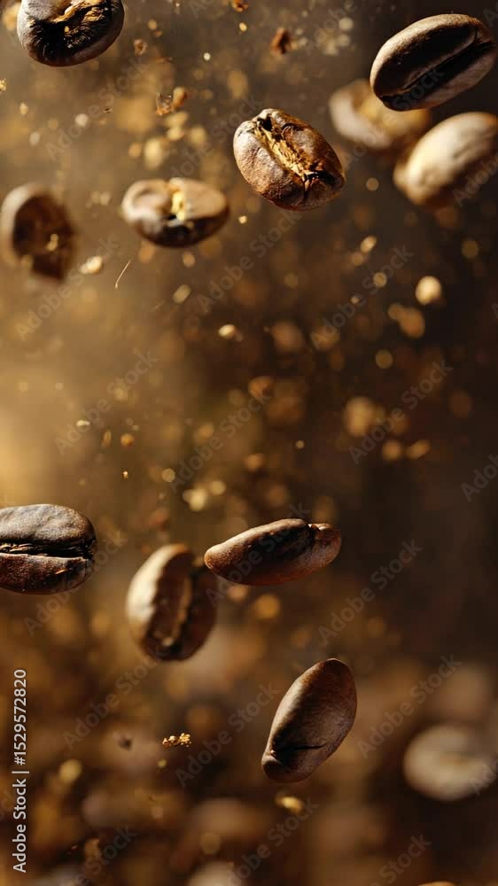 Coffee beans flying in slow motion, showcasing rich textures and dynamic motion. Coffee beans flying in slow motion, showcasing rich textures and dynamic motion.