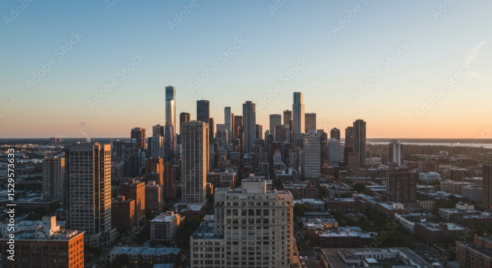Fototapeta premium City Skyline at Sunset with Golden Hour Light