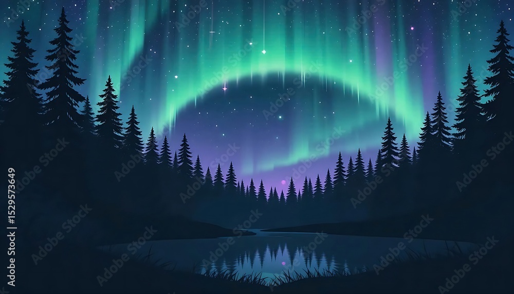Fototapeta premium A mesmerizing aurora borealis illustration displaying vibrant green and purple lights dancing across a starry night sky above a dark silhouette of a pine forest and a snowy ground, evoking the natura