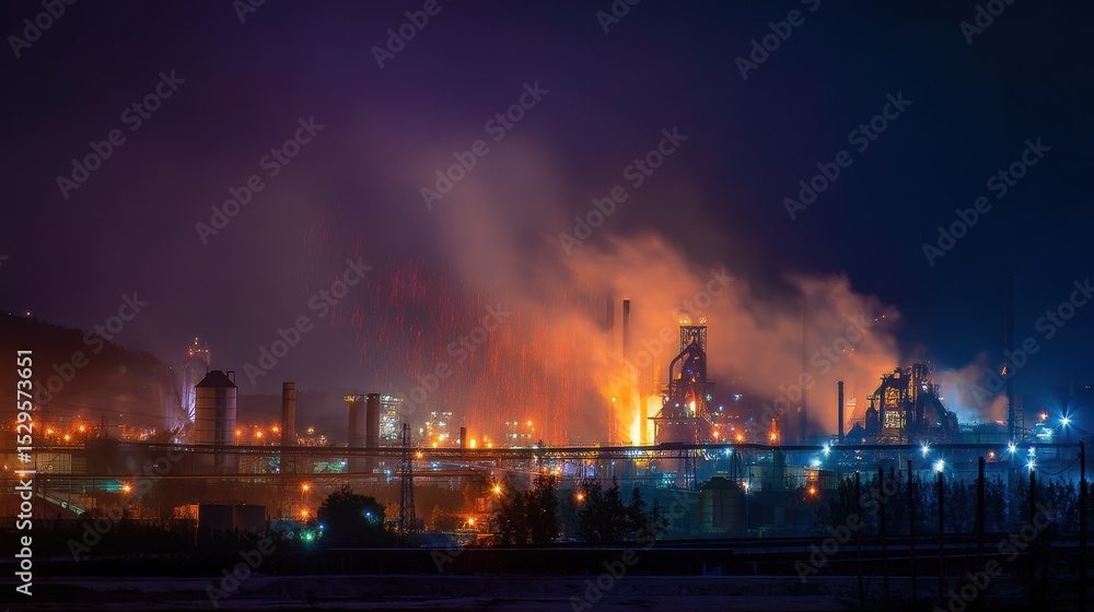 Fototapeta premium Night scene of metal factory glowing like a forge temple