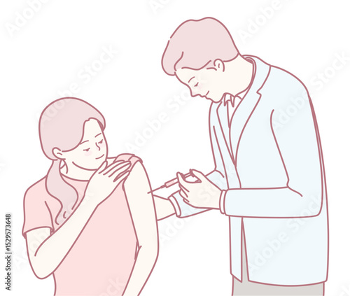 This is an illustration showing a nurse who is skillfully administering a vaccination to a patient at a clinic