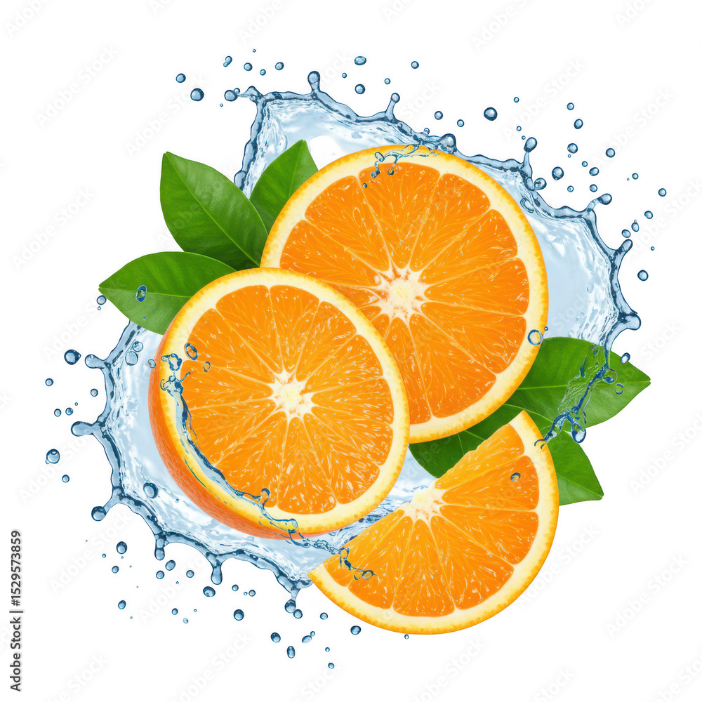 Juicy orange slices with water isolated on transparent background Juicy orange slices with water isolated on transparent background
