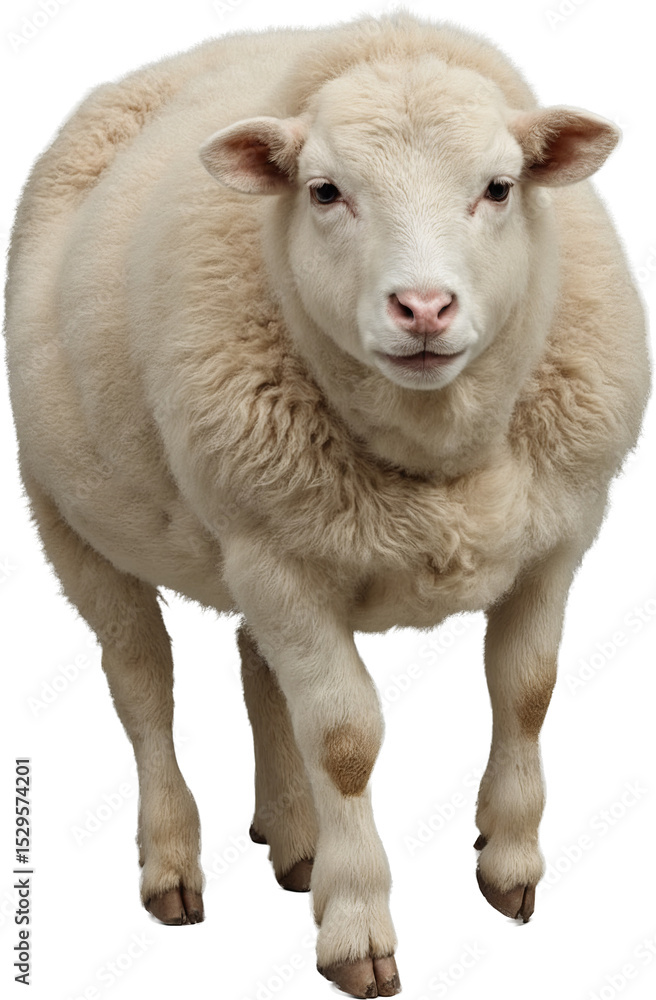 Fototapeta premium Fluffy sheep with thick white wool and calm expression, isolated on a transparent background. Natural texture and lifelike details with soft and clean appearance.