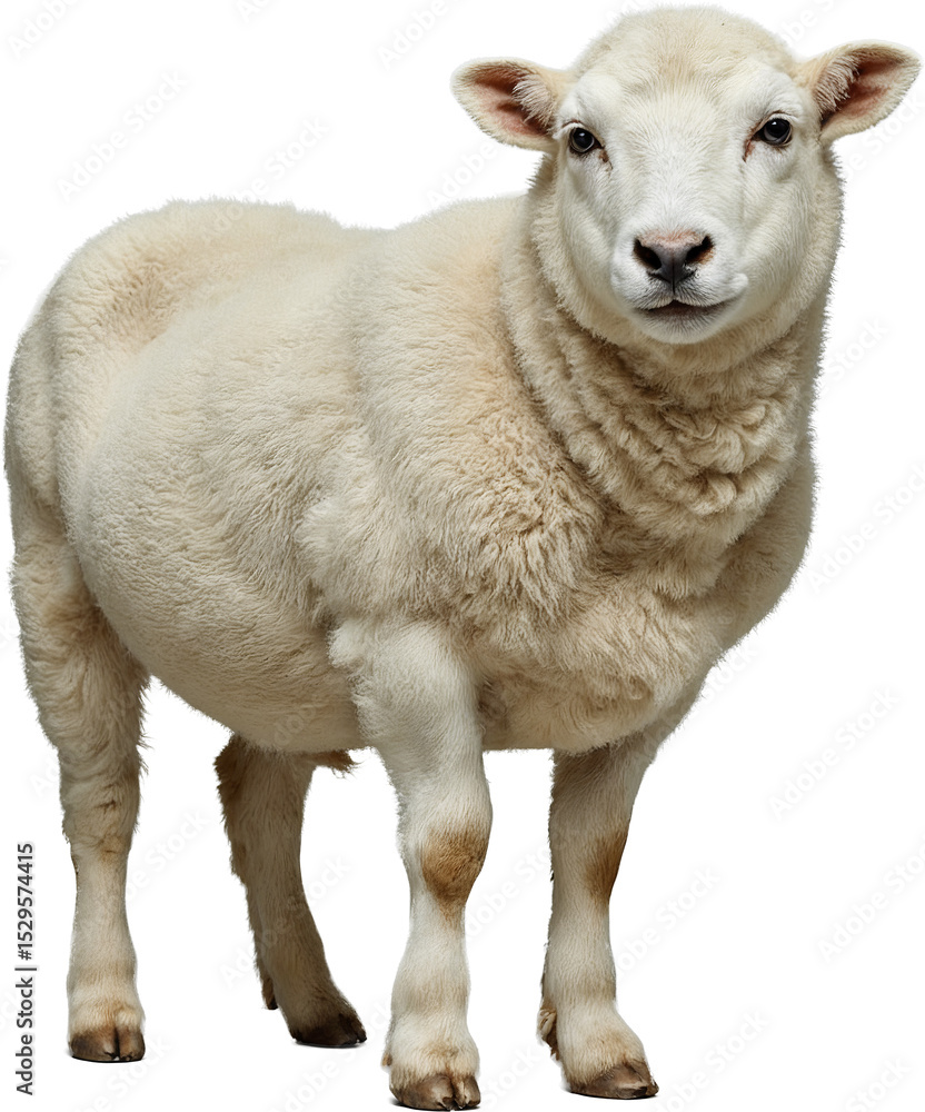Obraz premium Fluffy sheep with thick white wool and calm expression, isolated on a transparent background. Natural texture and lifelike details with soft and clean appearance.
