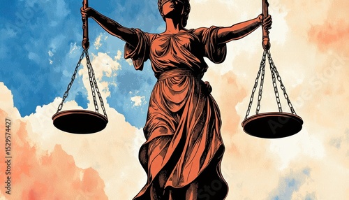 Lady Justice Digital Illustration Pixel Art Scales of Justice Against a Colorful Sky