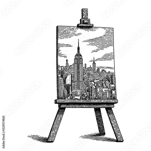 Easel Stand with City Lines Illustration on Canvas Black and White Outline Line Art Drawing of Skyline