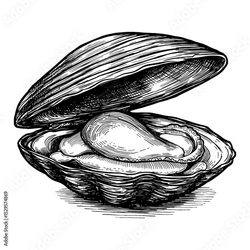 Highly Detailed Vintage Style Black and White Outline Line Art Drawing of an Open Clam Mollusk Seafood