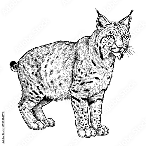 Detailed Full Body Shot of a Wild Bobcat Feline in Black and White Outline Line Art Drawing Style