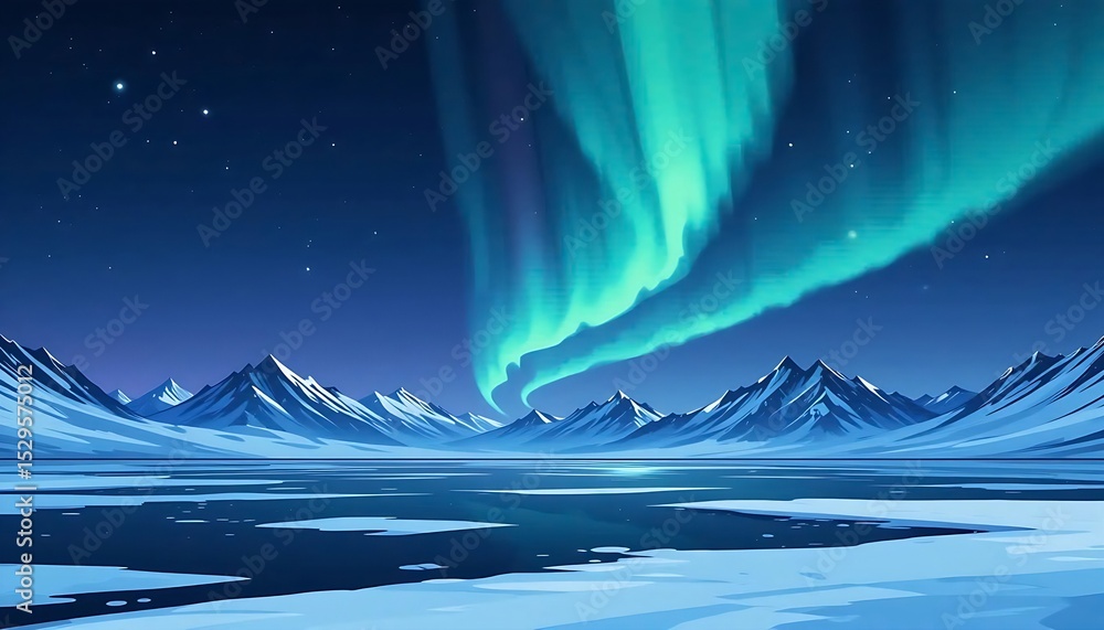 Obraz premium A mesmerizing aurora borealis lights up a clear night sky over snow-capped mountains and a reflective frozen lake, showcasing vibrant green and blue hues.