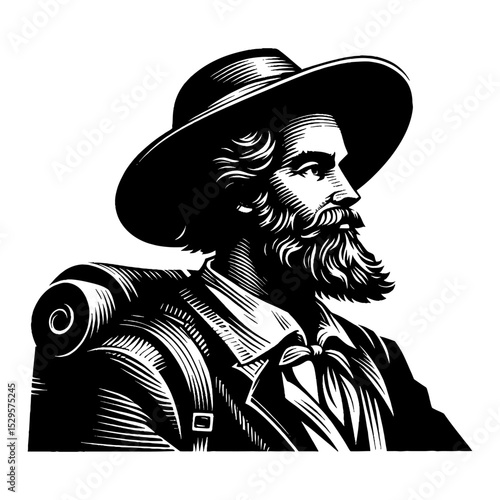 Vintage Portuguese Explorer Man with Beard and Hat Side View Black and White Outline Line Art Drawing