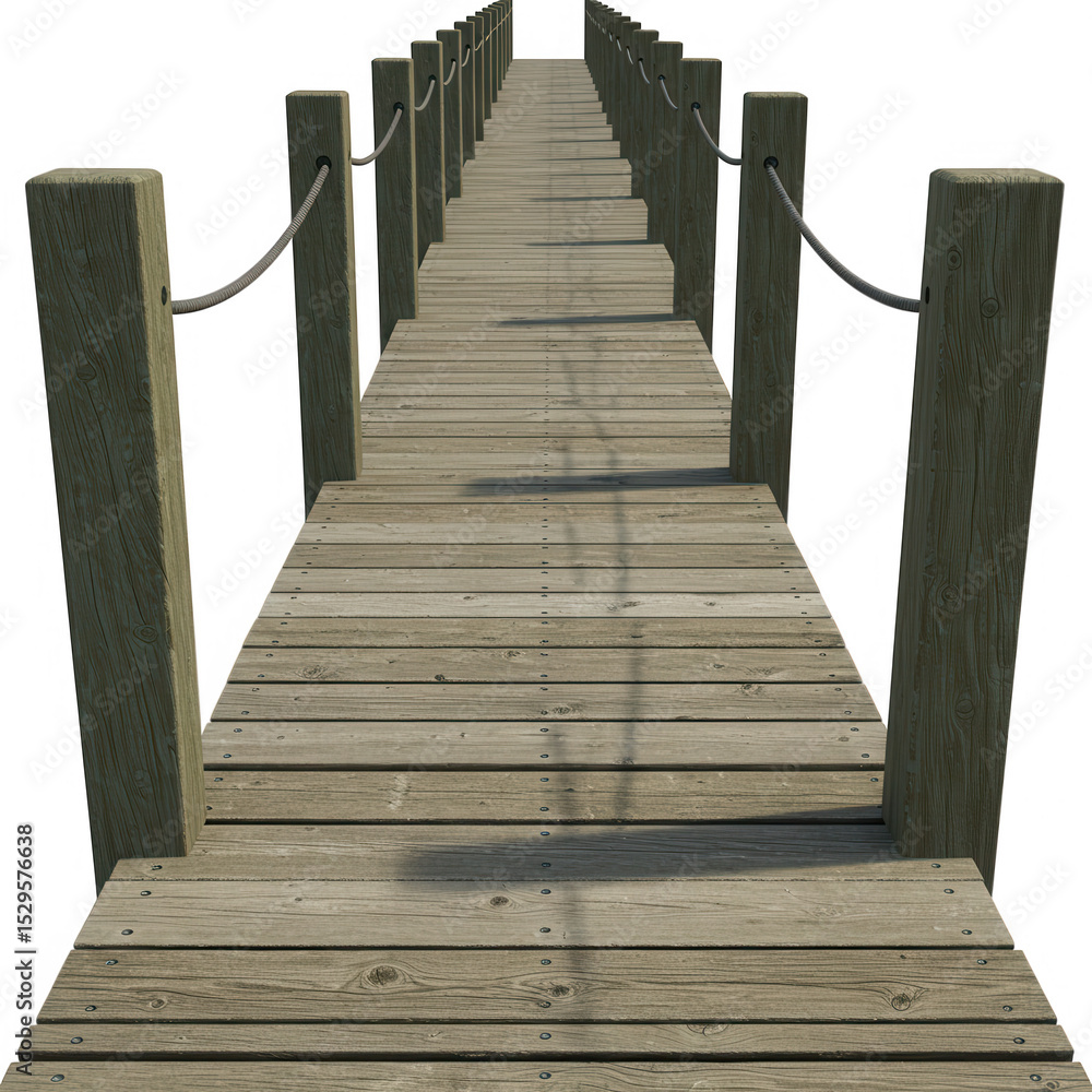 Obraz premium Wooden pier with rope railing isolated on transparent background