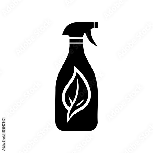 Vector logo of eco friendly spray bottle with leaf symbol. Minimal black icon for organic cleaner or natural disinfectant.



