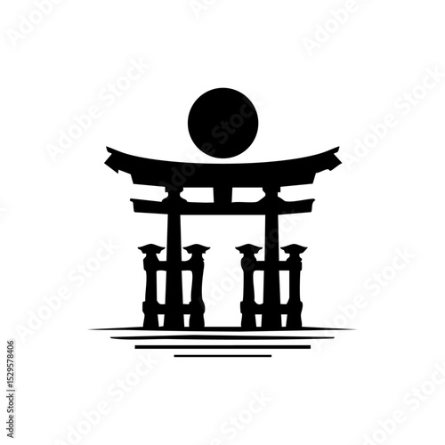 Vector logo of traditional Japanese torii gate with rising moon.

