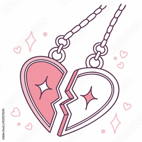 Broken heart friendship pendant vector illustration depicting loss separation or discord conceptual design with glittering elements and decorative hearts