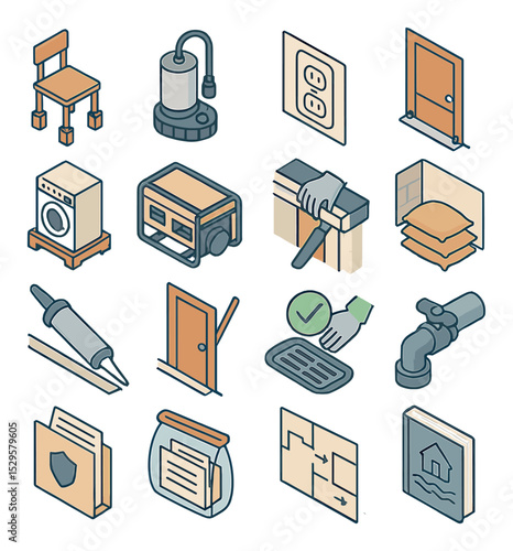 Flood home preparation and protection isometric set. elevated furniture icon, sump pump system, door flood barrier, sealed electrical outlet, raised