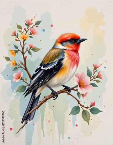watercolor inspired stylized bird perched on a branch with flowers, light tones