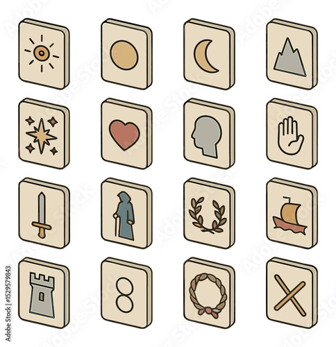 Classic tarot spread cards isometric set. past card icon, present card, future card, challenge card, outcome card, subconscious card, conscious mind card.