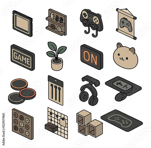 Gaming decor and personalization isometric set. pixel art frame, mini figurine shelf, wall-mounted controller rack, game poster scroll, LED game sign, desk