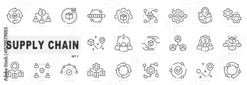 Set of supply chain related line icons. Logistics, process, management etc. Editable stroke. Set 3