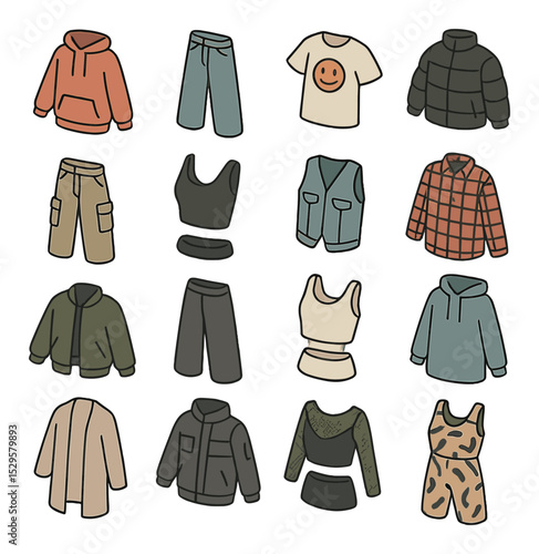 Streetwear outfit pieces isometric set. oversized hoodie, baggy jeans, graphic tee, puffer jacket, cargo pants, cropped top, denim vest, plaid flannel