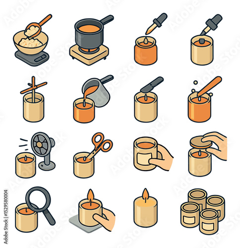 Candle making process steps isometric set. measuring wax flakes, melting wax pot, adding scent drops, adding dye color, inserting wick in mold, pouring wax