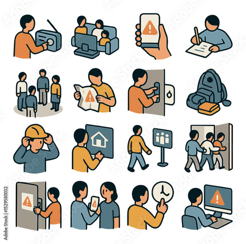 Public response to broadcasts isometric set. person turning on radio, household gathering around screen, phone in hand with alert, writing down