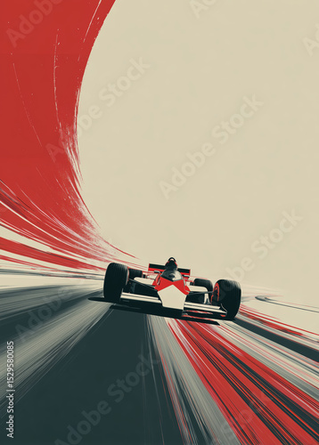 Race car is speeding around a curve. Red and black lines show fast motion on the track.