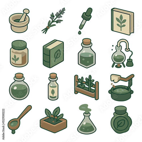 Herbal alchemy gear isometric set. herb grinder, dried lavender bundle, essence dropper, botanical chart, powdered root jar, leaf press book, crystal water