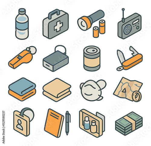 Earthquake emergency kit items isometric set. bottled water, first aid kit, flashlight with batteries, portable radio, emergency whistle, power bank
