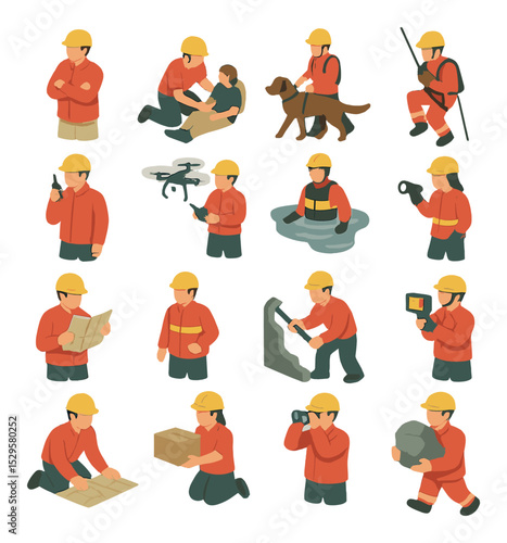 Search and rescue personnel roles isometric set. team leader icon, medic on scene, search dog handler, rope rescue tech, radio operator, drone pilot.