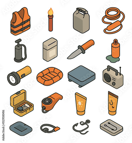 Water survival gear isometric set. life vest, signal flare, waterproof bag, floating rope, water purification pump, emergency ration pack, diving knife.