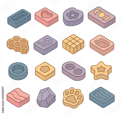 Soap mold shapes isometric set. rectangular loaf mold, heart-shaped cavity mold, flower mold tray, moon phase mold, honeycomb pattern mold, swirl bar mold.